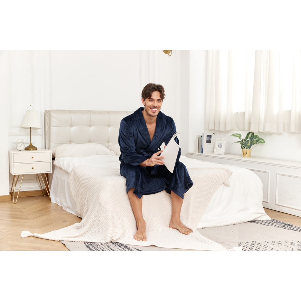 Men’s Plush Full-Length Bathrobe – Soft Warm Fleece Lounge Robe with Belt