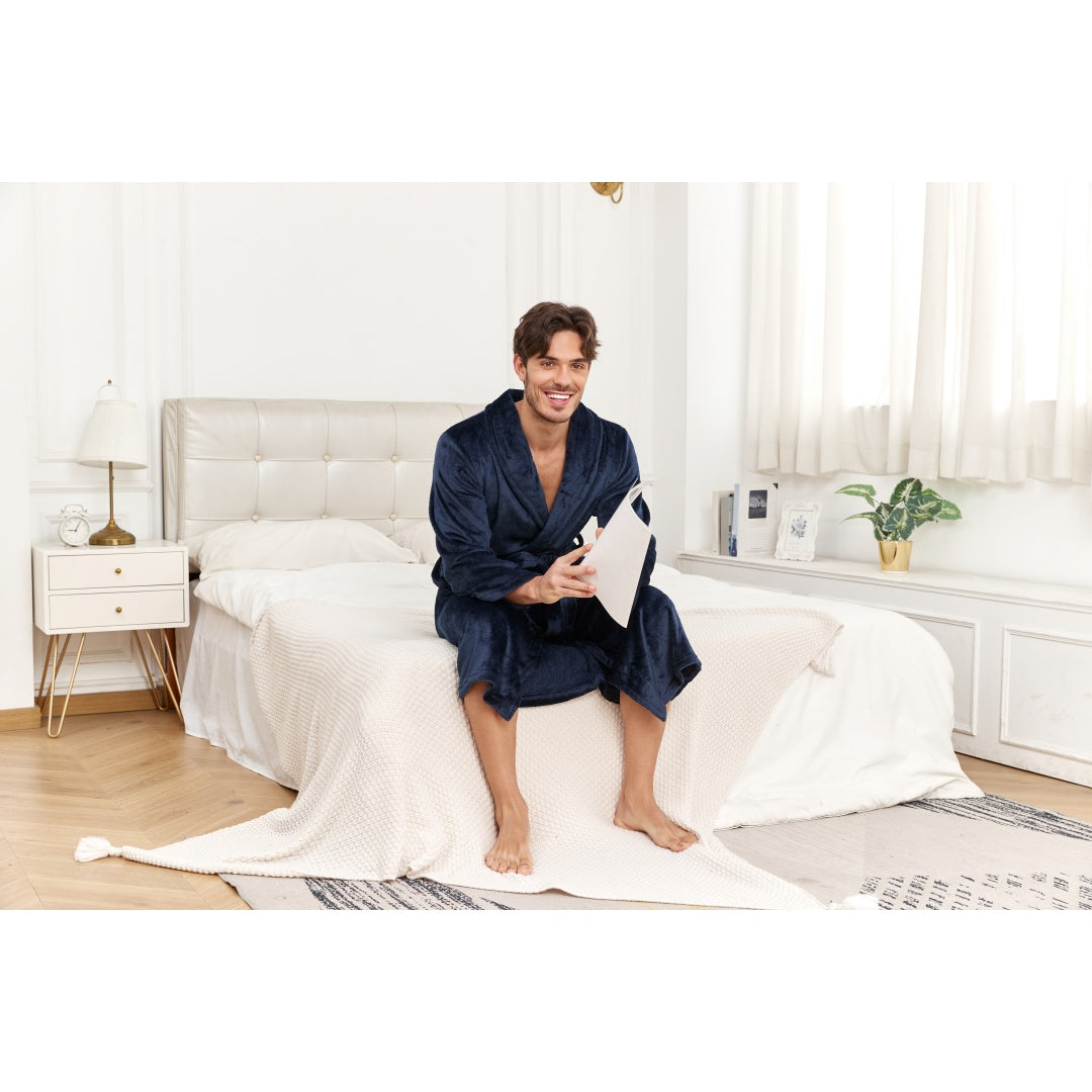Men’s Plush Full-Length Bathrobe – Soft Warm Fleece Lounge Robe with Belt