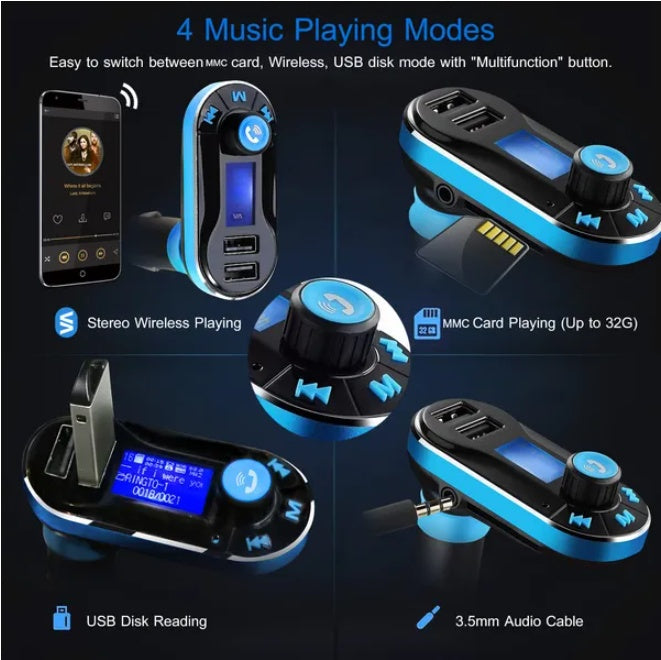 Wireless FM Transmitter Car Mount with Bluetooth & USB Charging
