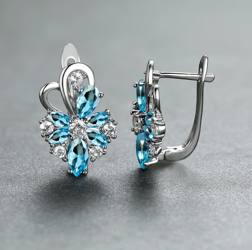 Blue Topaz Crystal Flower Cluster Earrings