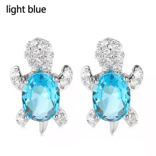 Blue Crystal Turtle Stud Earrings — Silver Tone