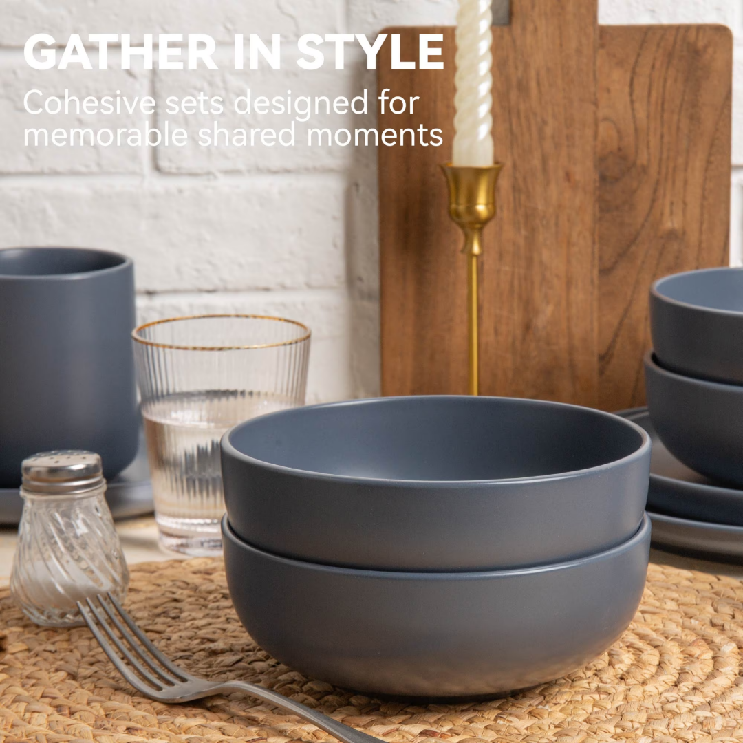 12-Piece Stoneware Dinnerware Set with Mugs – Service for 3, Matte Blue