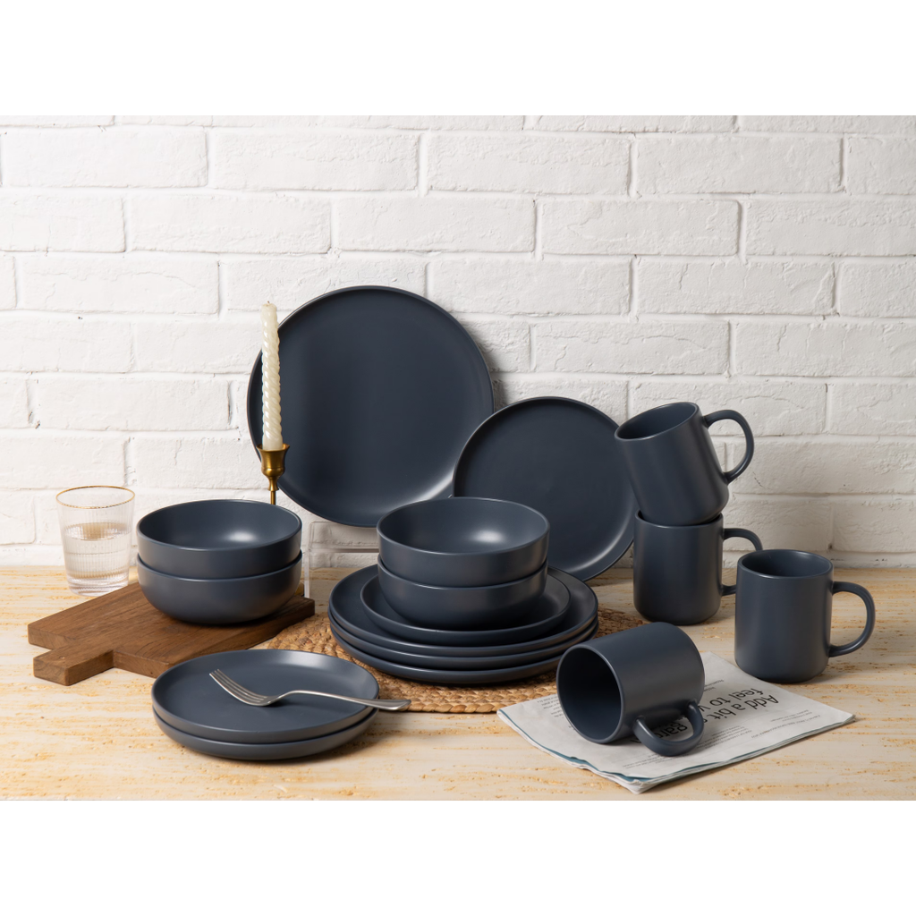 12-Piece Stoneware Dinnerware Set with Mugs – Service for 3, Matte Blue