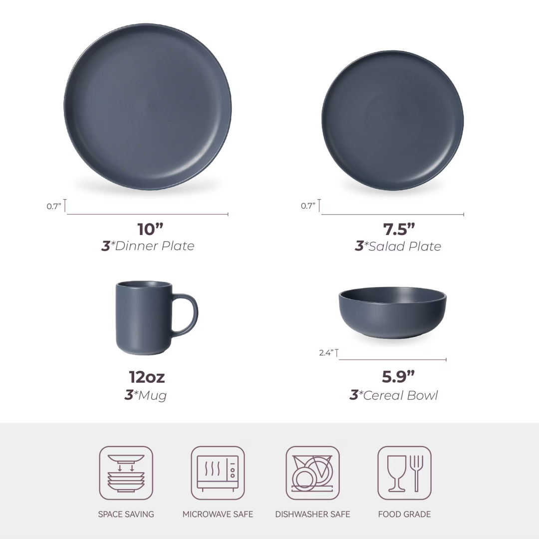 12-Piece Stoneware Dinnerware Set with Mugs – Service for 3, Matte Blue