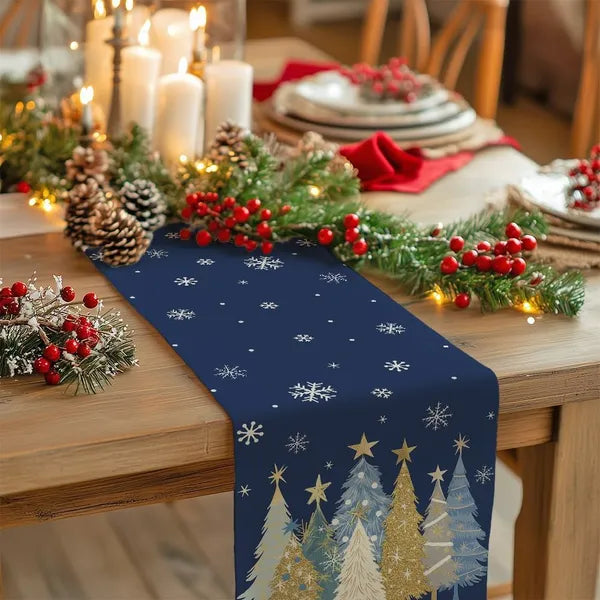 Christmas Table Runner 13x72 Inch – Festive Xmas Trees & Snowflakes Decor