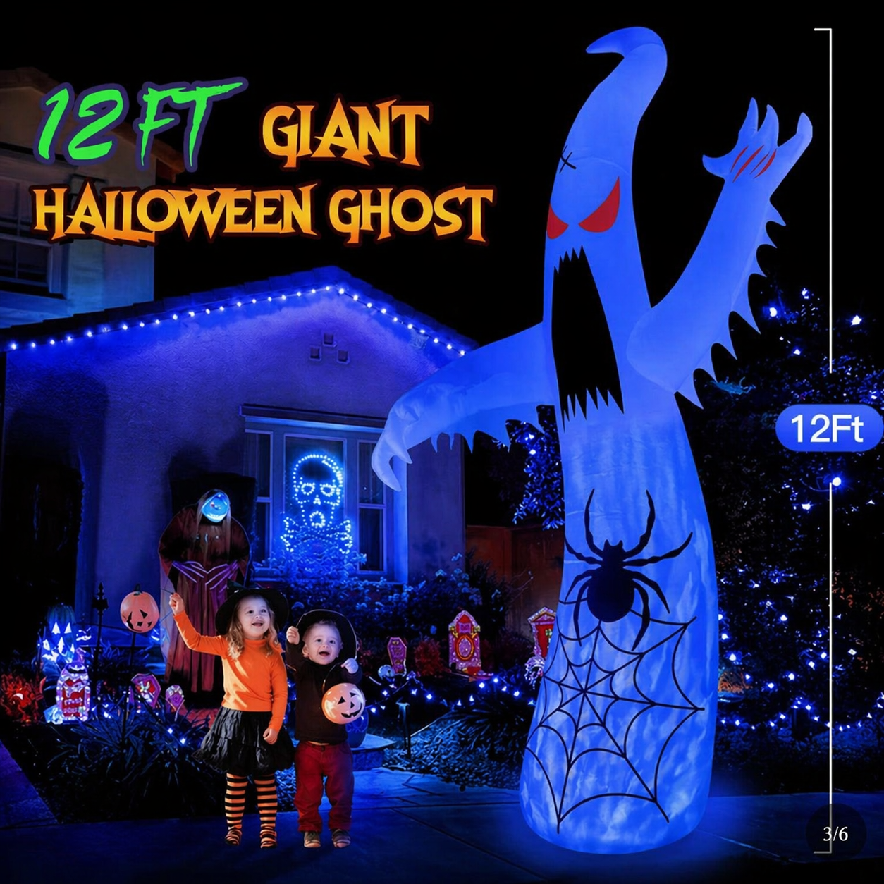 12ft Giant Halloween Ghost Inflatable with 3-Color Flame LED Lights