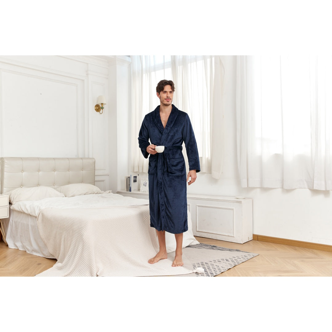 Men’s Plush Full-Length Bathrobe – Soft Warm Fleece Lounge Robe with Belt