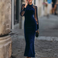 Navy Blue High-Waist Long Sleeve Dress