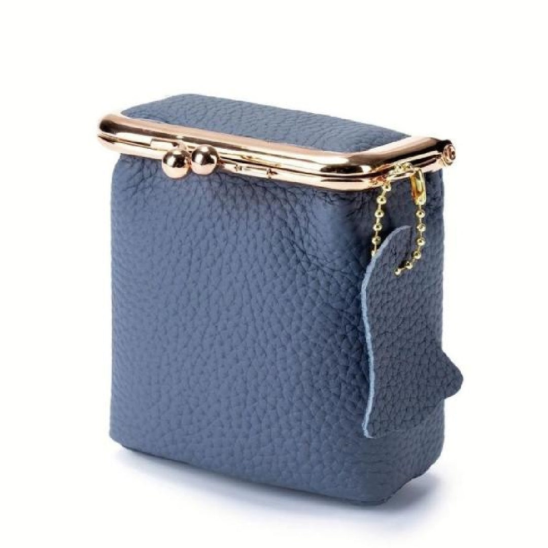 Women's Genuine Leather Mini Coin Wallet with Kiss Lock Closure