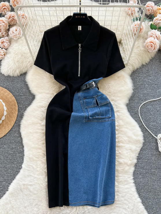 Color Block Denim Patchwork Short Sleeve Midi Dress - Plus Size
